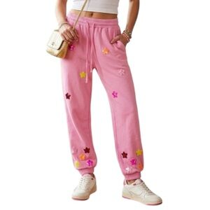 TCEC Pink Sequin Joggers Sweatpants Cotton Blend High Waist Loungewear Small